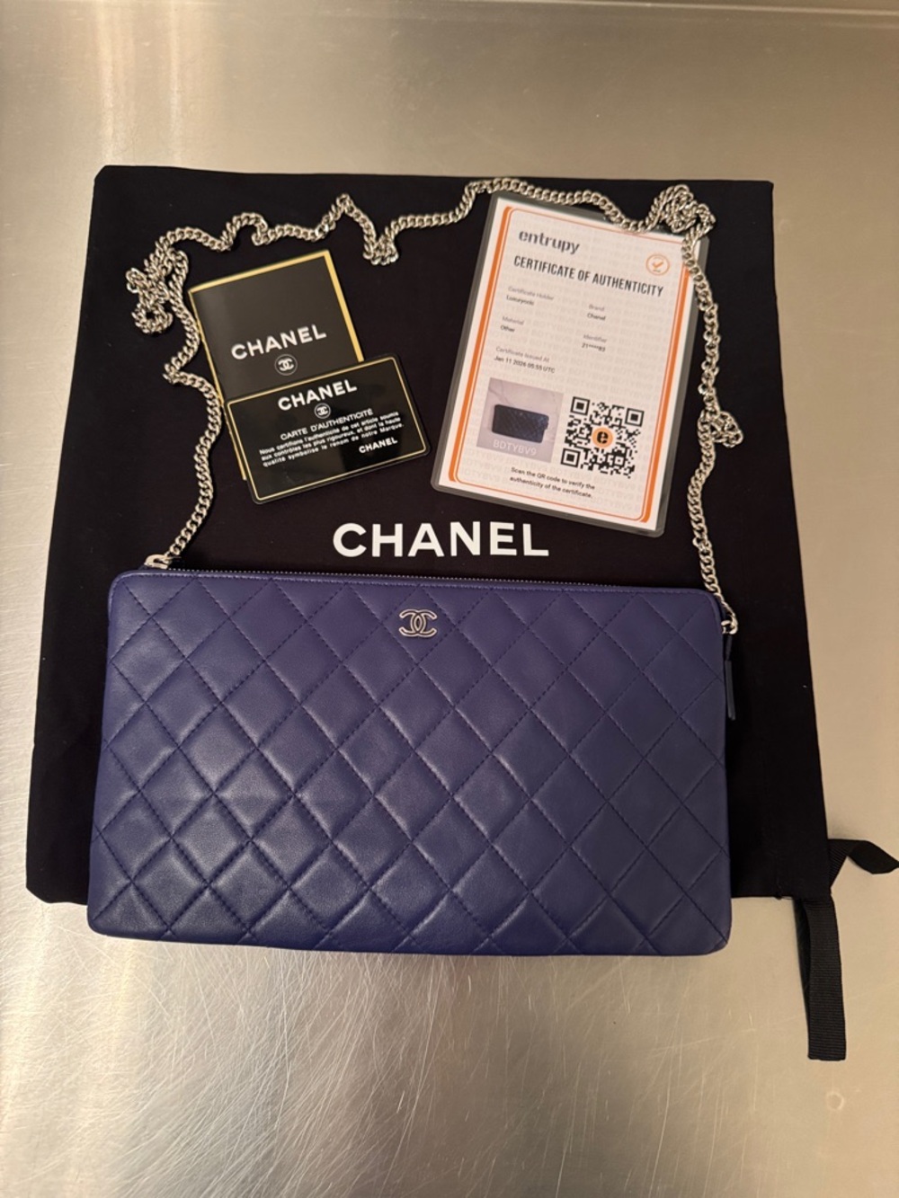 CHANEL Quilted Lambskin Clutch with Chain Pouch - Deep Blue